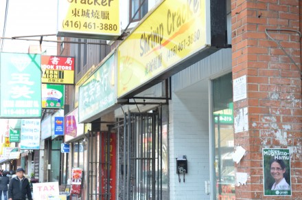 A Toronto-Danforth Green Party candidate election sign in East Chinatown